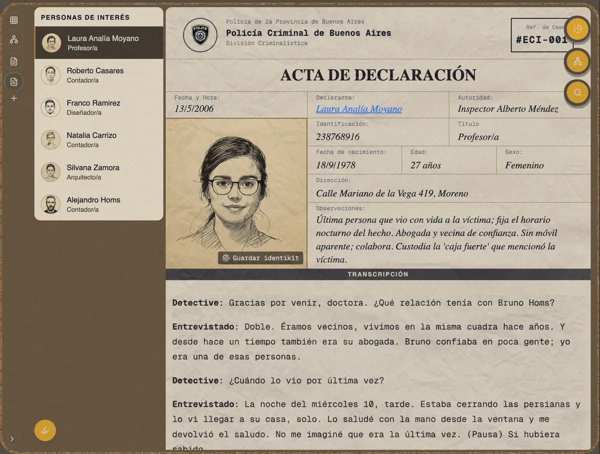 Expediente del caso con documentos, fotos y informes forenses