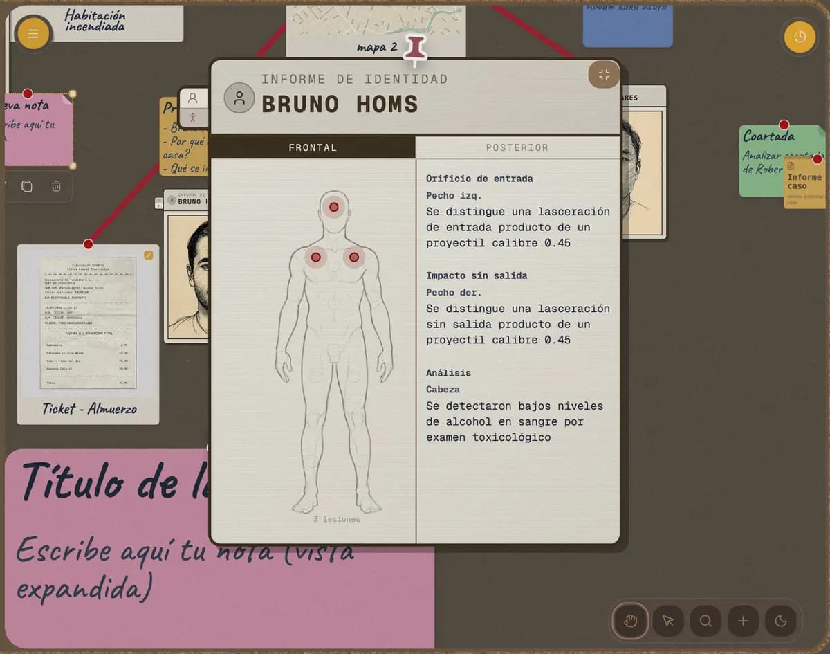 Tablero de corcho digital con notas, fotos e hilos conectando pistas