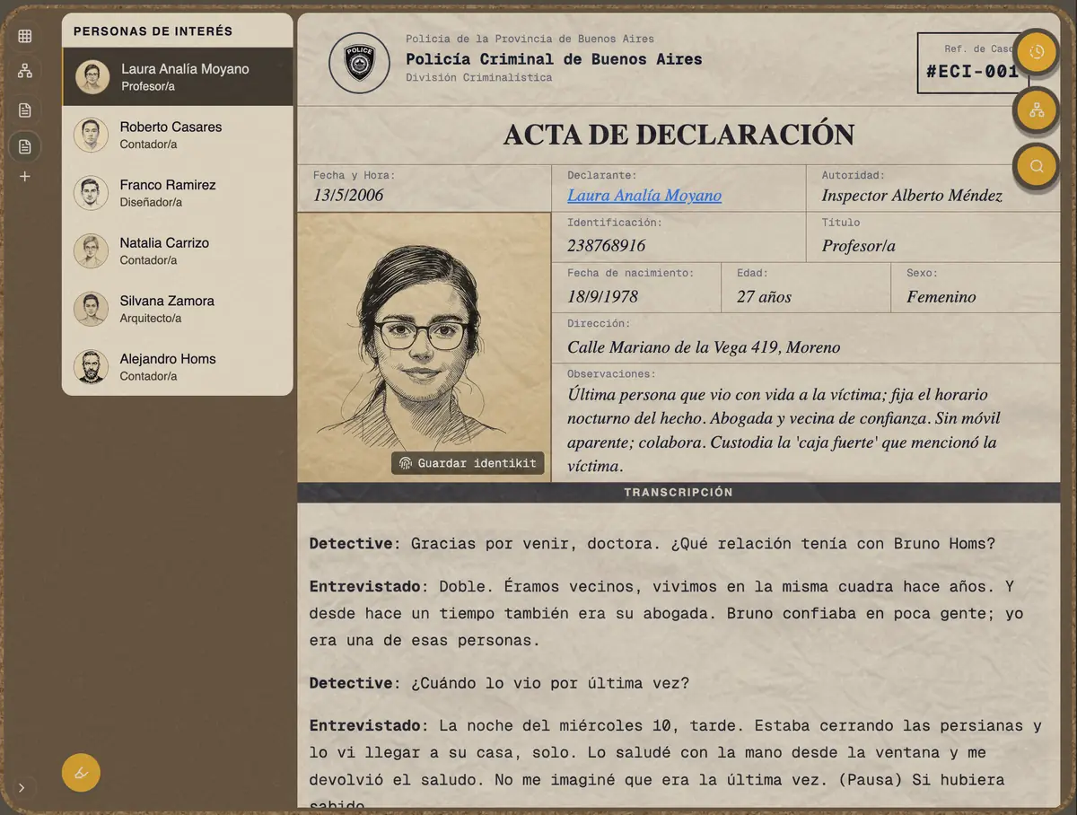 Expediente del caso con documentos, fotos y informes forenses