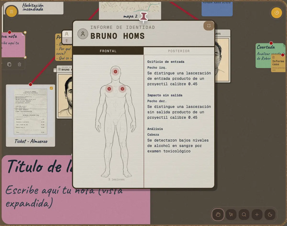 Tablero de corcho digital con notas, fotos e hilos conectando pistas